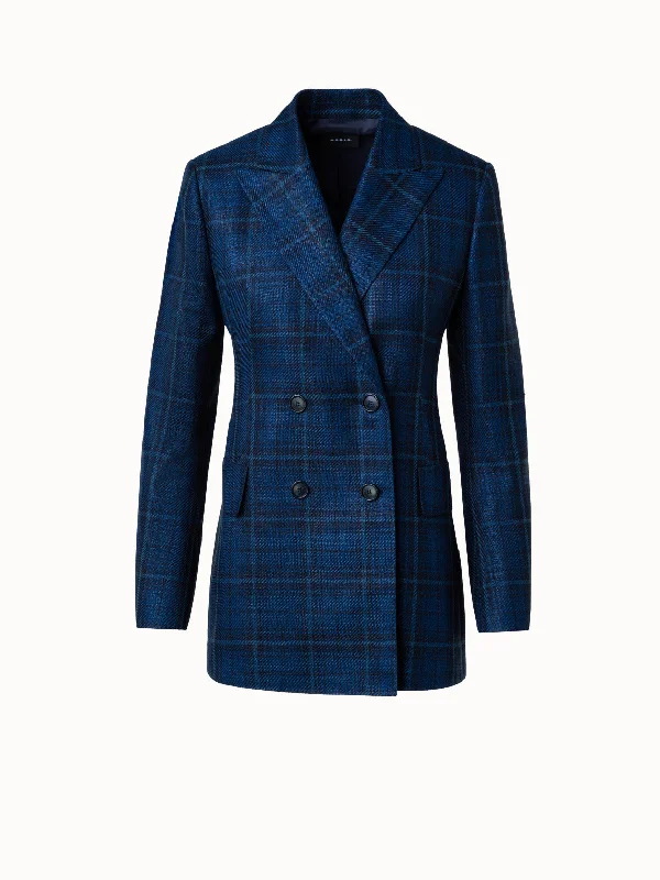 royal striking jacket -Long Checked Double-Breasted Jacket in Cotton Silk