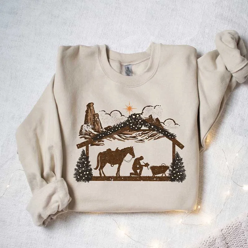 sweatshirts with stripes -Praying Cowboy Manger Religious Western Christmas Sweatshirt