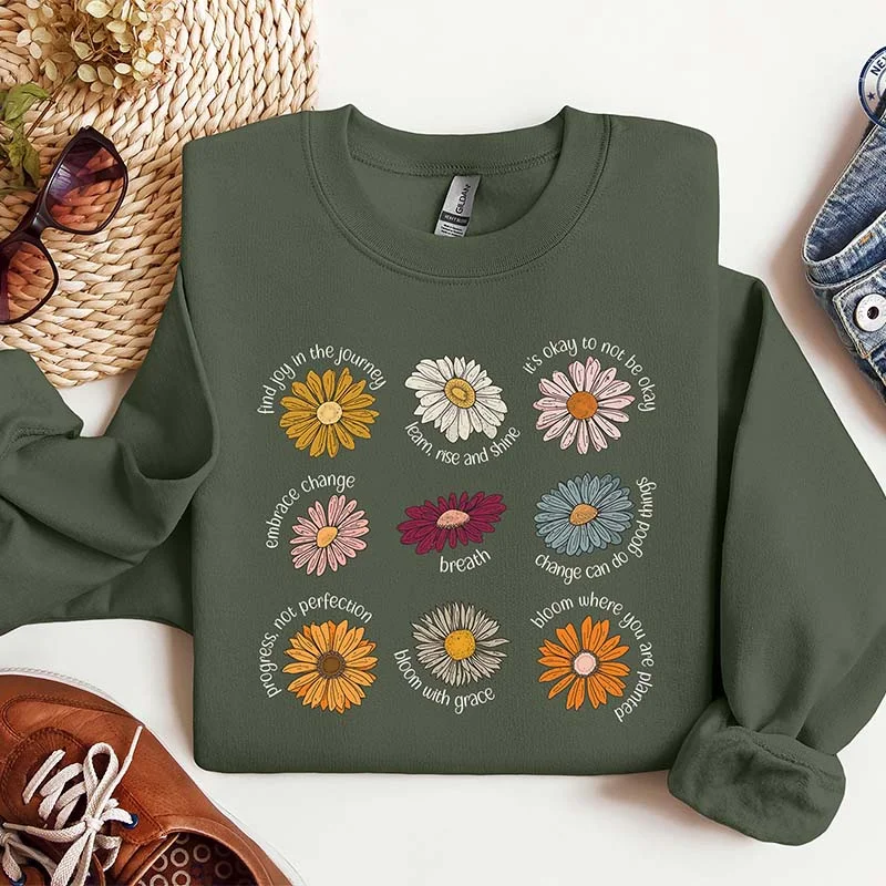 red sweatshirts cozy -Retro Flower Saying Sweatshirt