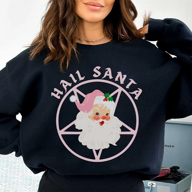 printed sweatshirts artistic -Pink Retro Hail Santa Witchy Pentagram Sweatshirt