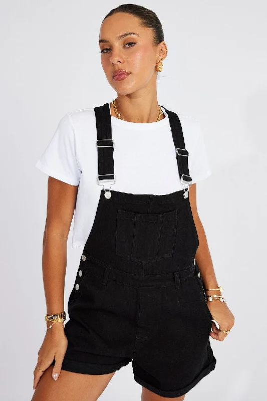 shorts with bronze trim -shorts with bronze studs -shorts with bronze studs -Black Short Denim Overalls