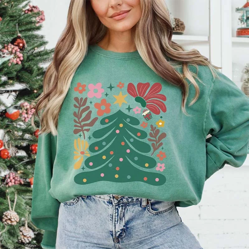 grey sweatshirts custom -Floral Boho Christmas Tree Comfort Colors Sweatshirt