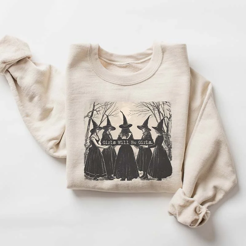 tie-dye sweatshirts unique -Vintage Girls Will Be Girls Witch Sweatshirt