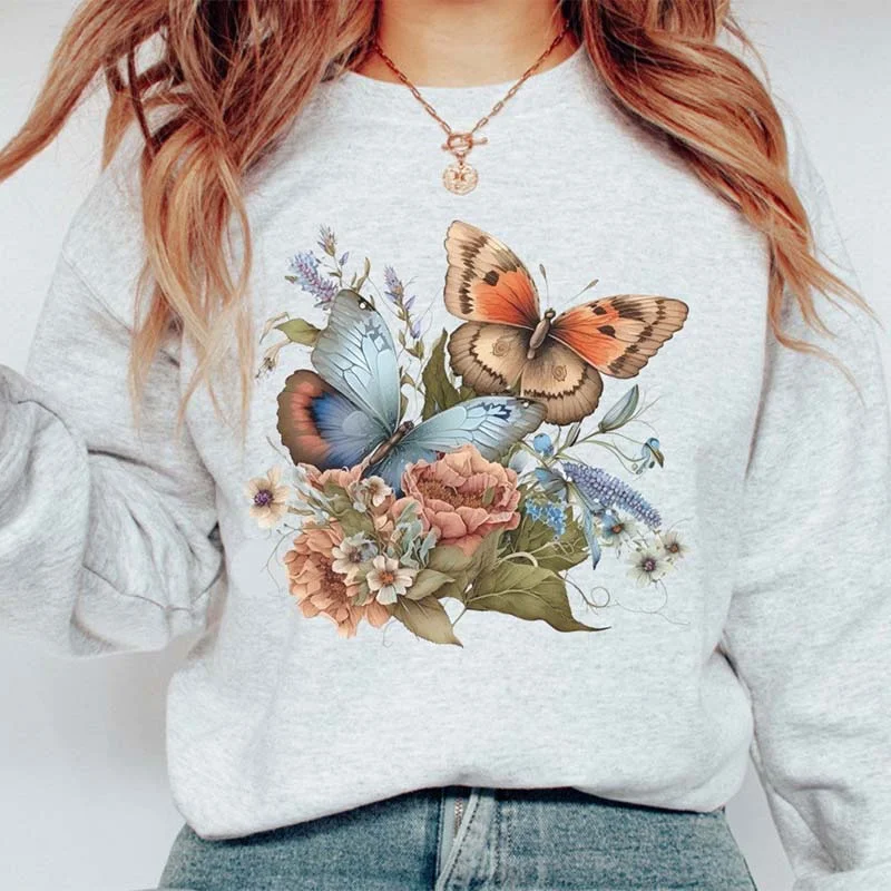 red sweatshirts trendy -Butterfly Vintage Floral  Sweatshirt