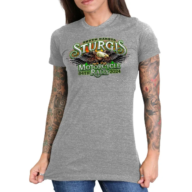 t-shirts with bronze logos -t-shirts with bronze logos -2024 Sturgis Women's #1 Design Eagle & Skull Heather Gray Motorcycle Rally T-Shirt SPL1887