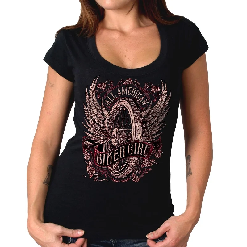 t-shirts with twisted sides -t-shirts with twisted sides -Hot Leathers GLC1518 Women's Black All American Biker Girl Scoop Neck Printed T-Shirt