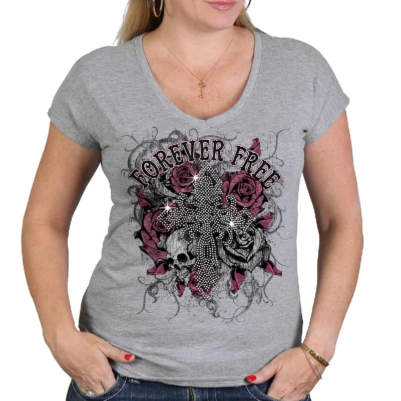 t-shirts women twilight cedar -t-shirts women twilight cedar -Hot Leathers GLC1557 Ladies Heather Gray Forever Free Cross Bling T-Shirt