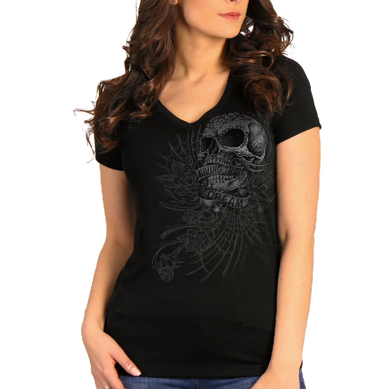 t-shirts with twisted hems -t-shirts with twisted hems -Hot Leathers GLC1565 Ladies Black Sweet Demise V-Neck Shirt