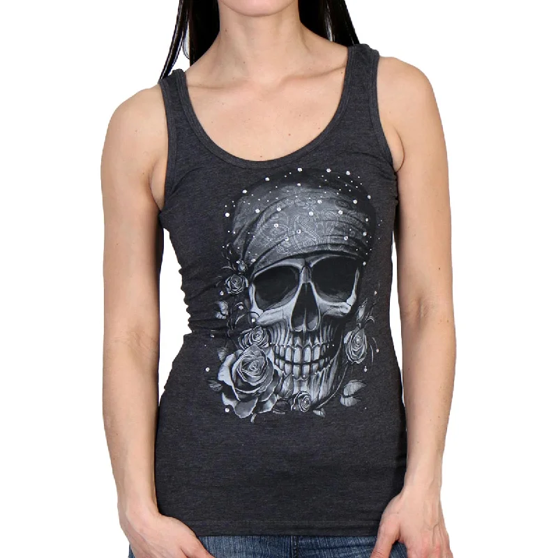 t-shirts with lattice hems -t-shirts with lattice hems -Hot Leathers GLC2378 Skull Bandana Tank Top Shirt with Rhinestones in Heather Charcoal Color