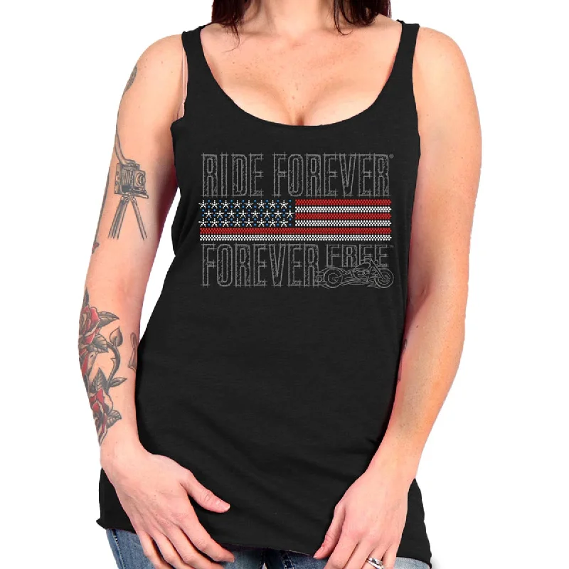 t-shirts with agate studs -t-shirts with agate studs -Hot Leathers GLC2443 Ladies 'Ride Forever, Forever Free' US Flag with Bling Black Tank Top Shirt