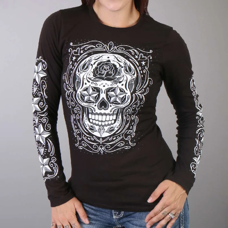 t-shirts with lattice trim -t-shirts with lattice trim -Hot Leathers GLC3183 Sugar Skull Black Long Sleeve Ladies Shirt