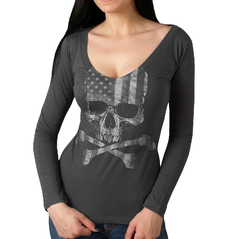 t-shirts with bronze studs -t-shirts with bronze studs -Hot Leathers GLC3495 Flag Skull Ladies Smoke Color Long Sleeve Shirt