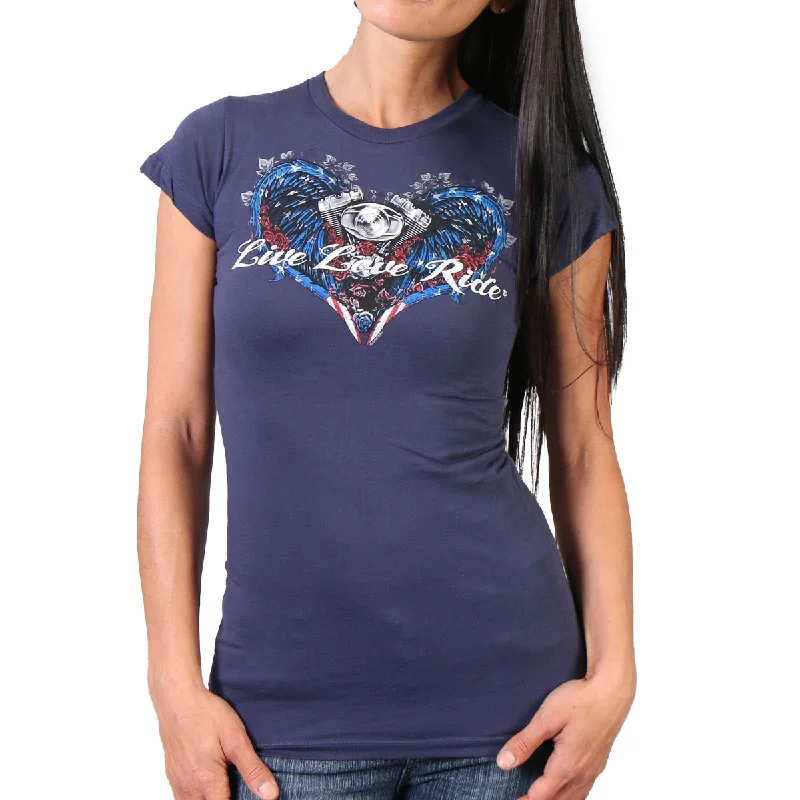 t-shirts teens solar cedar -t-shirts teens solar cedar -Hot Leathers GLD1297 'Live,Love, Ride' Ladies Angel Wings Navy Blue  T-Shirt