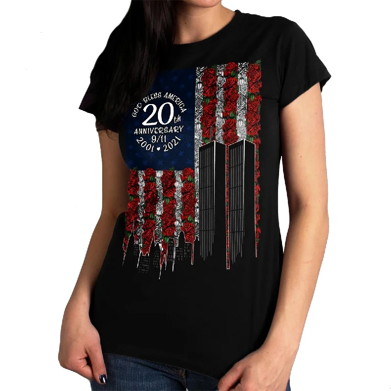 t-shirts with twisted sides -t-shirts with twisted sides -Hot Leathers GLR1350 Ladies Black '9-11 Roses and Flag' T-Shirt