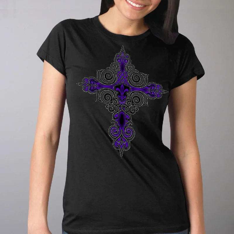 t-shirts men trail splice -t-shirts men trail splice -Hot Leathers GLR1469 'Studded Fleur De Lis Cross' Ladies Black T-Shirt