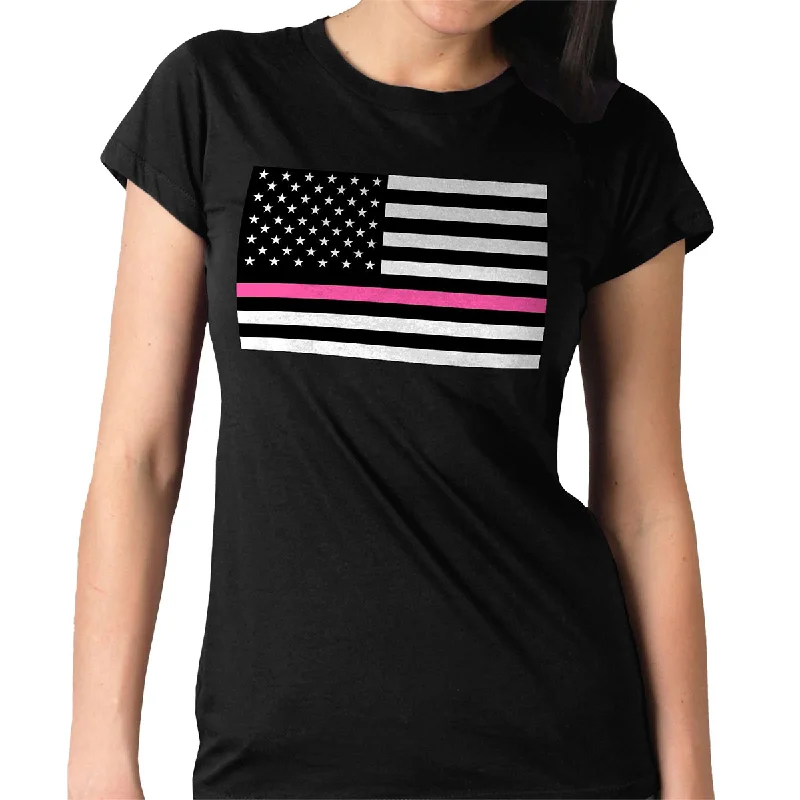 t-shirts with bead prints -t-shirts with bead prints -Hot Leathers GLR1515 Ladies Full Cut Thin Pink Line American Flag Black T-Shirt