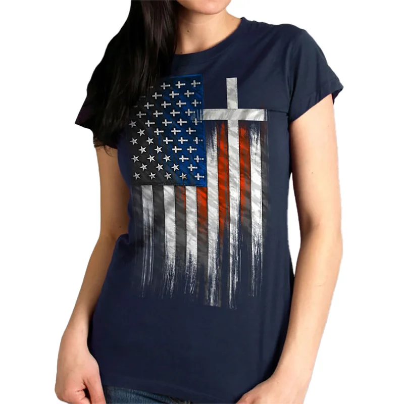 t-shirts with bead prints -t-shirts with bead prints -Hot Leathers GLR1520 American Flag Crosses Ladies Black T-Shirt