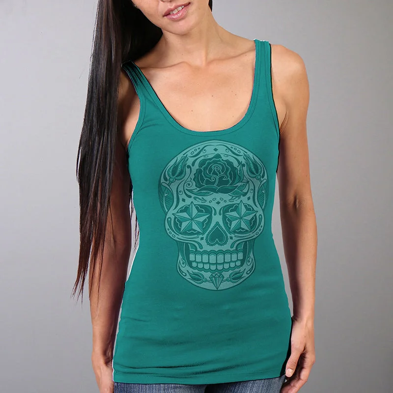 t-shirts with shell studs -t-shirts with shell studs -Hot Leathers GLR2526 Ladies Sugar Skull Carolina Blue Tank Top Shirt