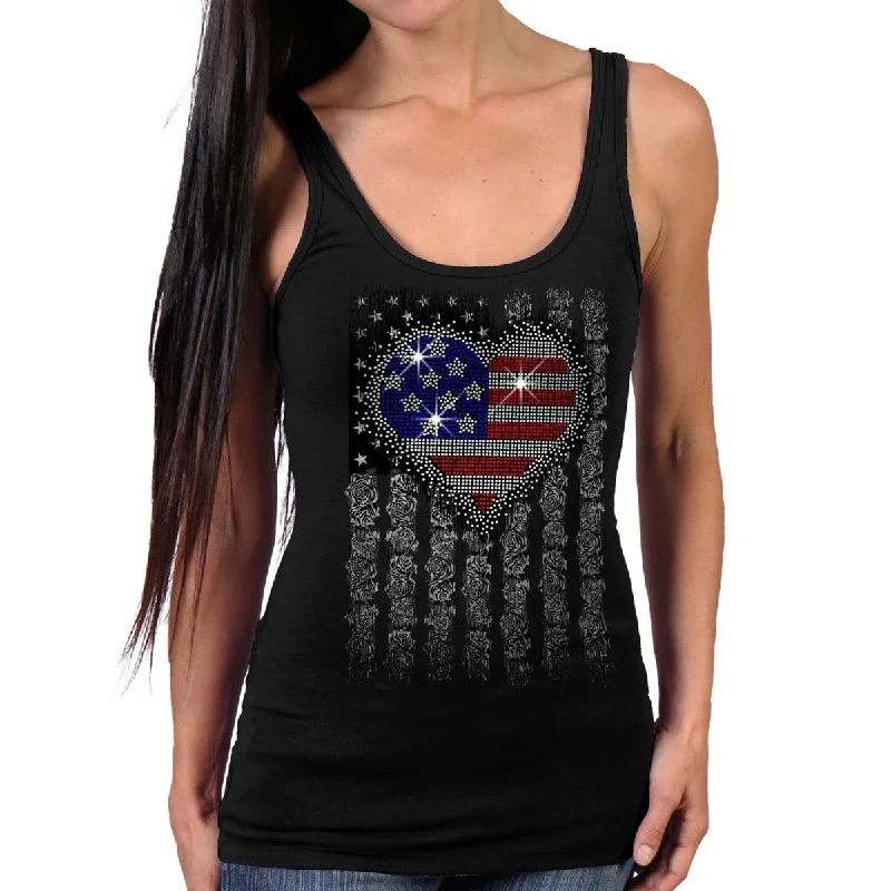 t-shirts with bead logos -t-shirts with bead logos -Hot Leathers GLR2559 Ladies Black Heart Bling Flag Tank Top Shirt