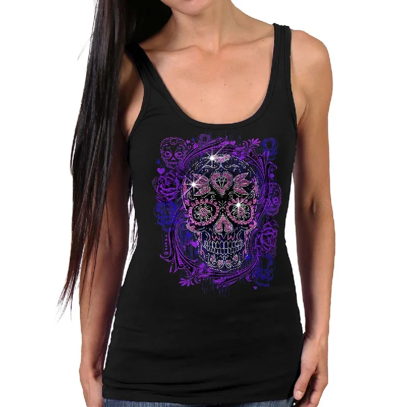 t-shirts women misty smoke -t-shirts women misty smoke -Hot Leathers GLR2562 Ladies Black Sugar Skull Bling Tank Top Shirt