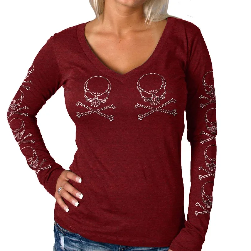 t-shirts with bronze studs -t-shirts with bronze studs -Hot Leathers Ladies Long Sleeve Studded Cross Bones Shirt GLC3542