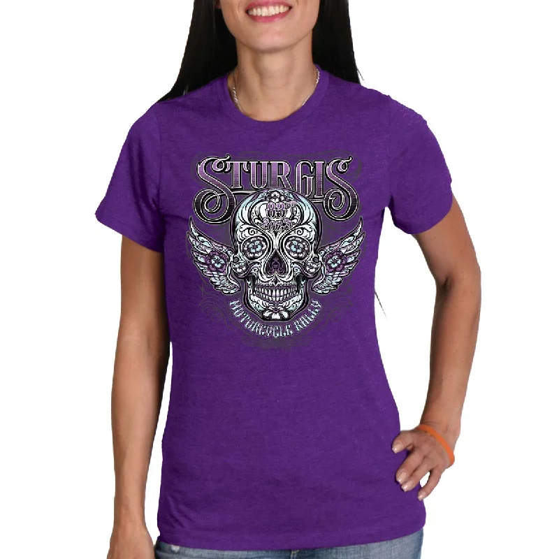 t-shirts with shell logos -t-shirts with shell logos -Hot Leathers SPL1829 Women's Heather Purple 2023 Sturgis Antique Sugar Skull T-Shirt