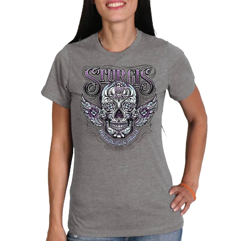 t-shirts with lattice sides -t-shirts with lattice sides -Hot Leathers SPL1830 Women's Heather Gray 2023 Sturgis Antique Sugar Skull T-Shirt