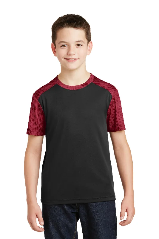 t-shirts with vented sides -t-shirts with vented sides -Sport-Tek Youth CamoHex Moisture Wicking Short Sleeve Crewneck T-Shirt - Black/Deep Red - Closeout