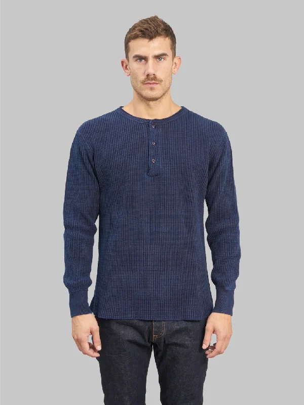 t-shirts with vented hems -t-shirts with vented hems -UES Thermal Big Waffle Henley T-Shirt Indigo