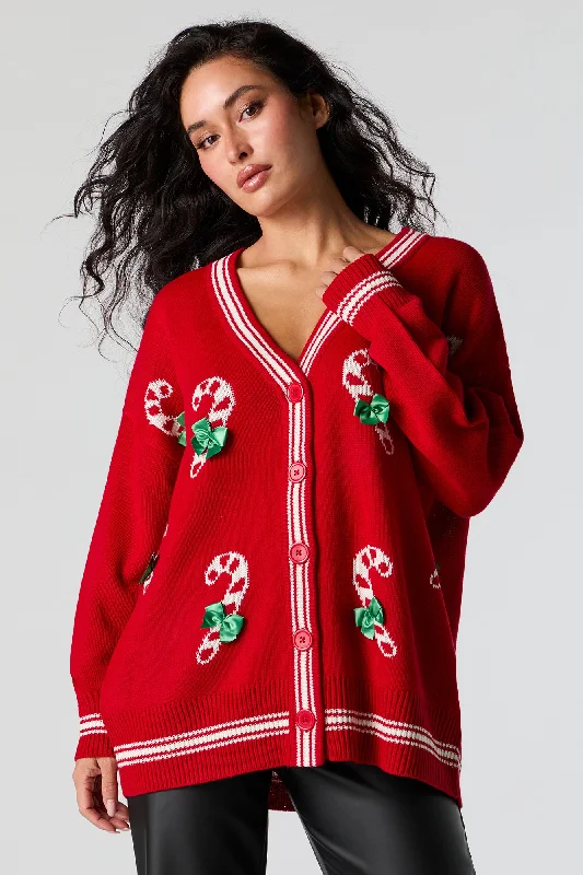 vented cozy cardigan -vented cozy cardigan -Candy Cane Jacquard Knit Christmas Cardigan