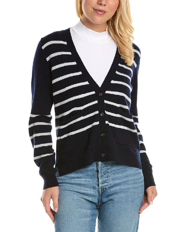 soft rest cardigan -soft soothing cardigan -Amicale Cashmere Striped V-Neck Cashmere Cardigan