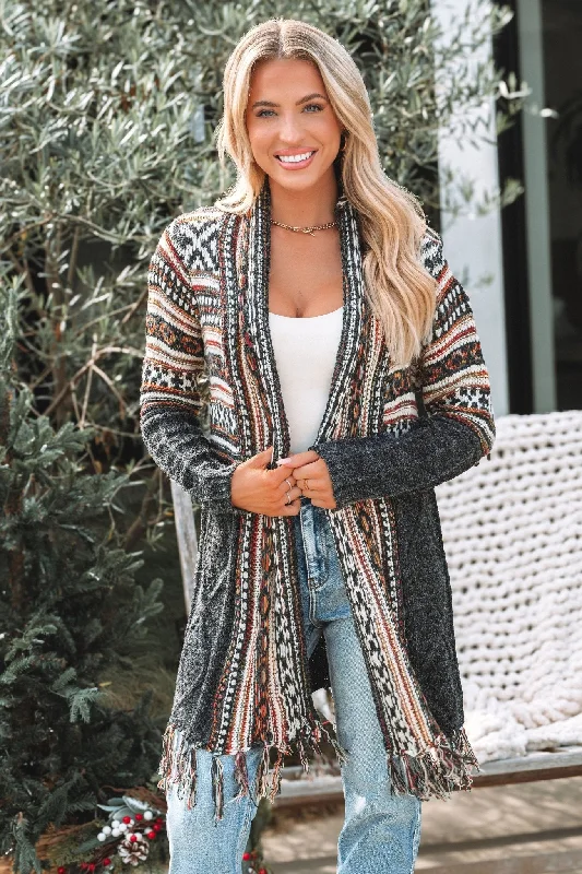 flap hearty cardigan -flap hearty cardigan -Black Tribal Print Fringe Duster Cardigan