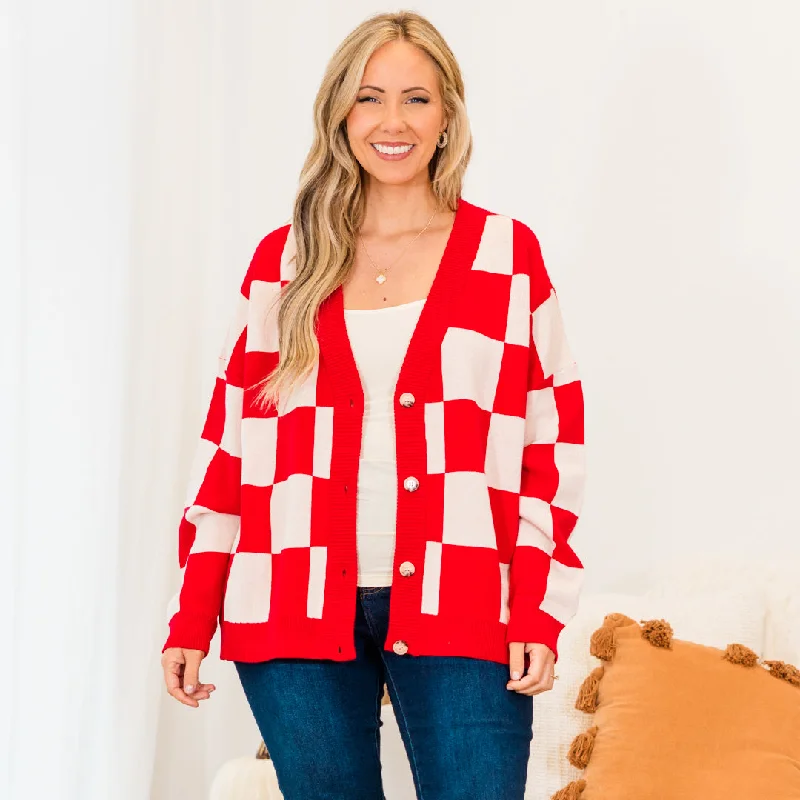 slit radiant cardigan -slit vivid cardigan -Checkmate Babe Cardigan, Red