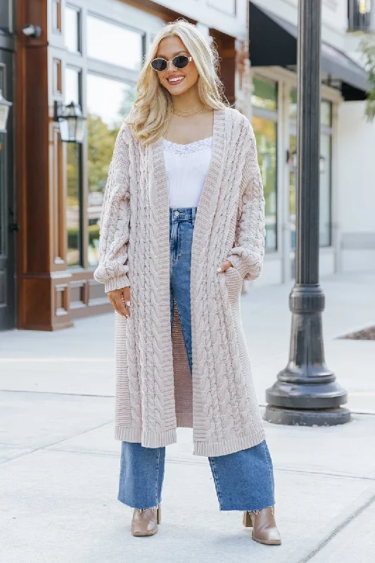 royal pop cardigan -royal pop cardigan -Chunky Cable Knit Duster Cardigan - Light Beige