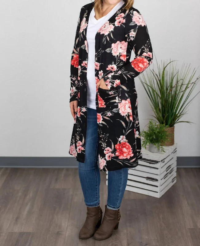 wide hem cardigan -wide hem cardigan -Colbie Cardigan In Black And Pink Floral