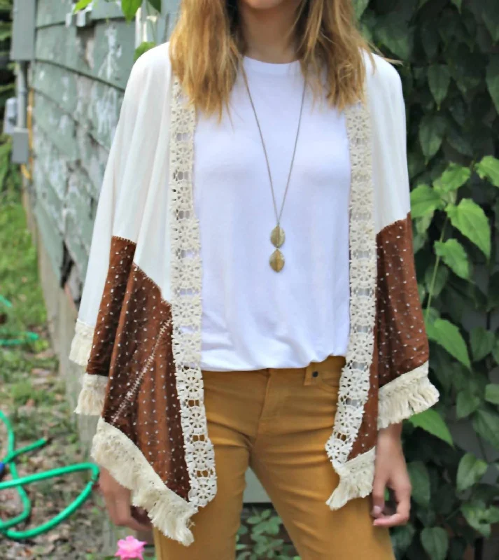 walnut bold cardigan -walnut vivid cardigan -Duster With Laser Cut Suede And Fringe Details In Ivory/brown