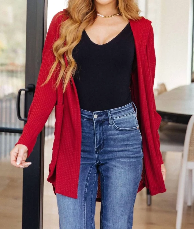 ecru glow cardigan -ecru glow cardigan -First Things First Hooded Cardigan In Red