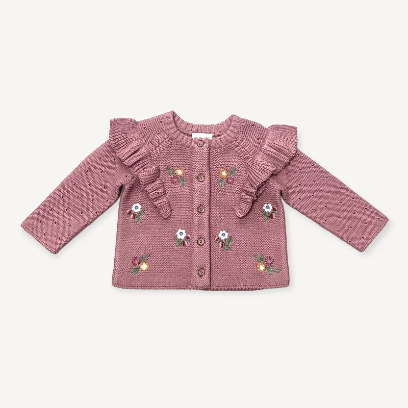 muted luster cardigan -muted shine cardigan -Floral Embroidered Ruffle Chunky Knit Baby Cardigan- Organic