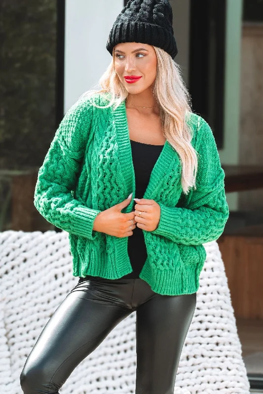 short flair cardigan -short vivid cardigan -Holiday Cheer Green Cable Knit Cardigan