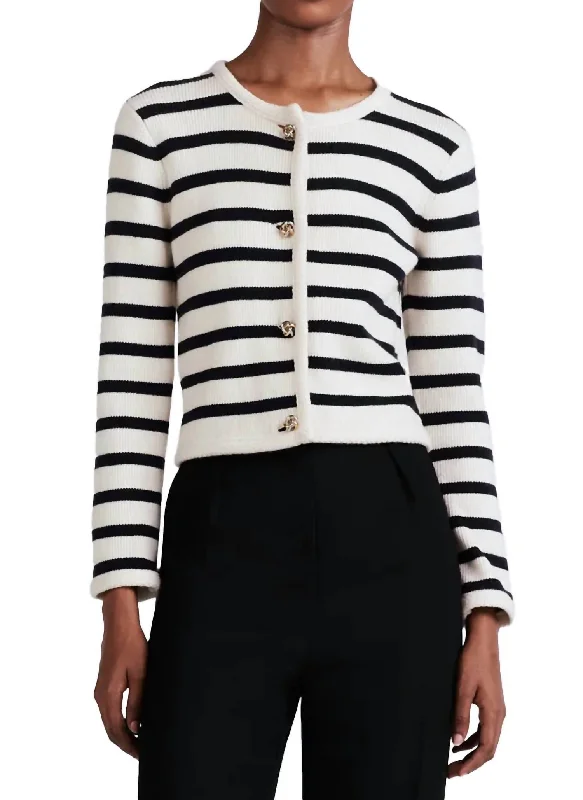 twill comfy cardigan -twill comfy cardigan -Keene Stripe Crewneck Cardigan In Ivory