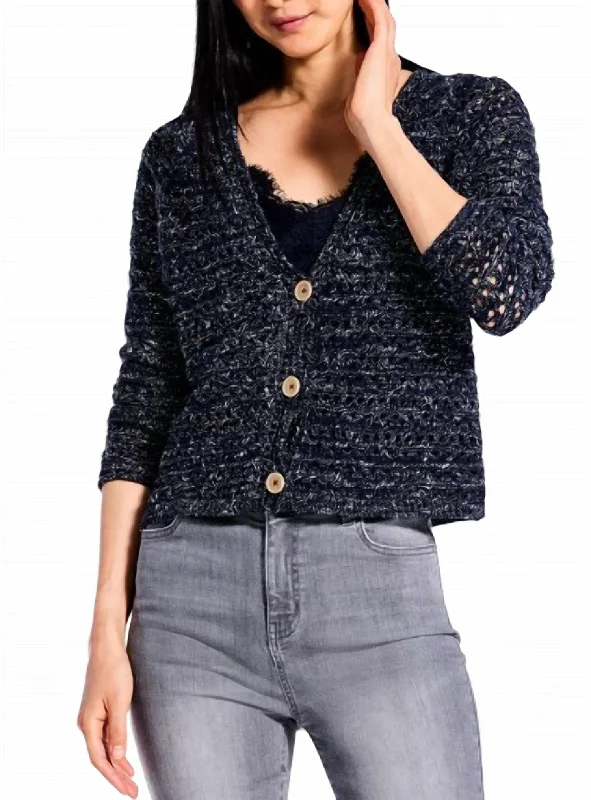 run sleek cardigan -run sleek cardigan -Midnight Sky Crochet Cardigan In Indigo Mix