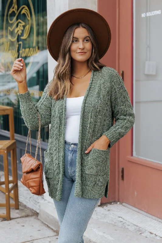 moss thick cardigan -moss durable cardigan -Olive Cable Knit Open Front Cardigan