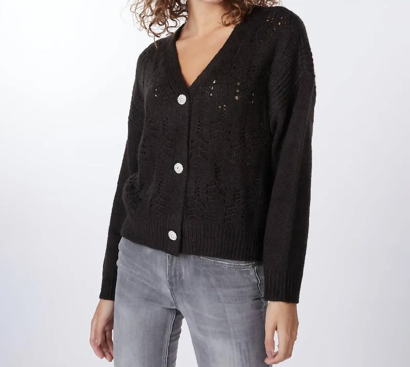 club polished cardigan -club polished cardigan -Pointelle Knit Cardigan In Black