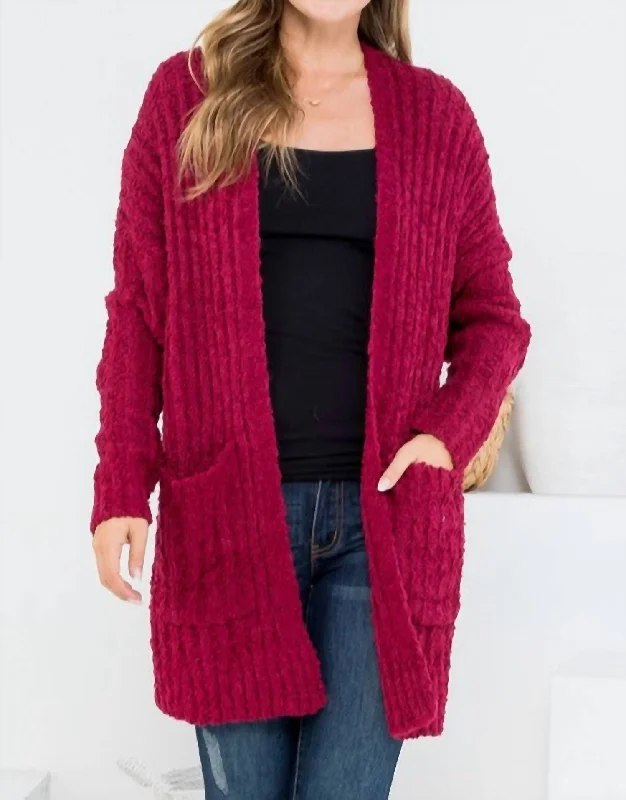 muted striking cardigan -muted vivid cardigan -Ribbed Popcorn Cardigan In Burgundy