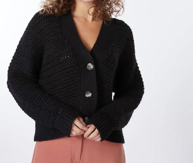 snug rib cardigan -snug stitch cardigan -Short Zz Knit Cardigan In Black