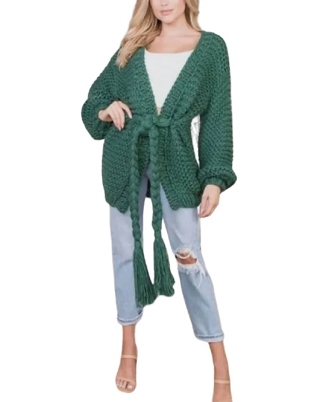 fluid edge cardigan -fluid trim cardigan -Soho Chunky Crochet Cardigan In Hunter Green