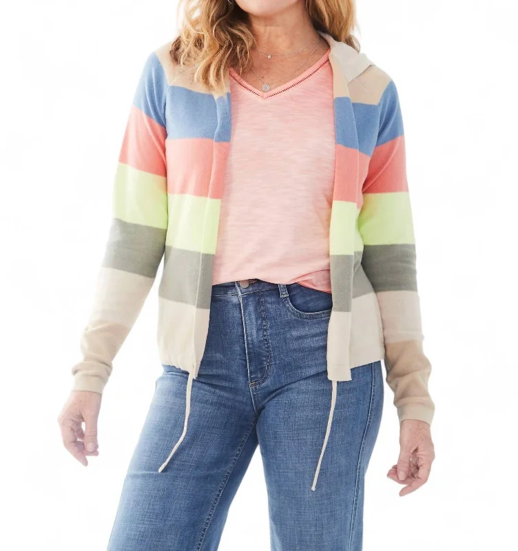 flare stitch cardigan -flare edge cardigan -Striped Hooded Cardigan In Multi