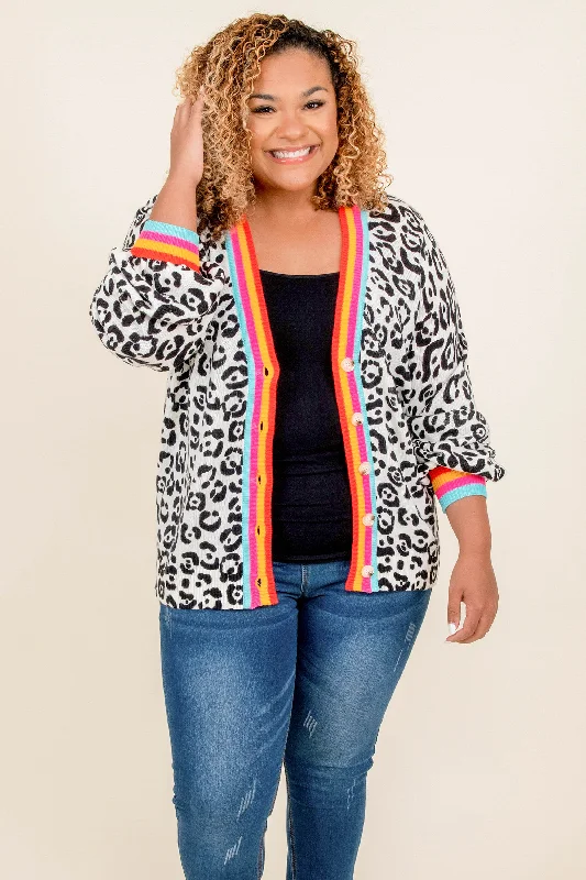 vented hearty cardigan -vented thick cardigan -Sunshine And Fierce Cardigan, Leopard Multi