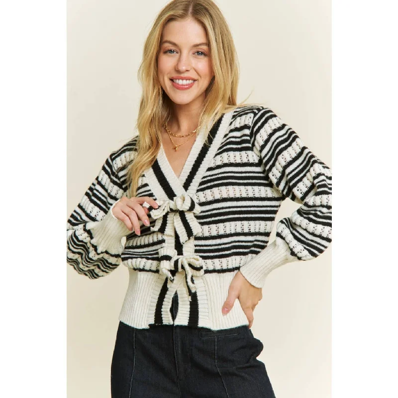 ombre bold cardigan -ombre bold cardigan -Cozy Loose Fit Stripe Bow Cardigan w/Rib Bands