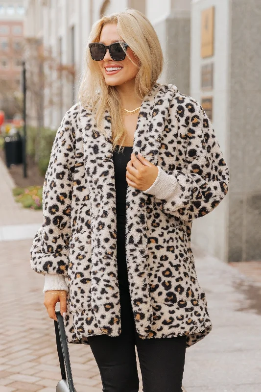 swing thick cardigan -swing hearty cardigan -Leopard Teddy Fleece Hooded Cardigan